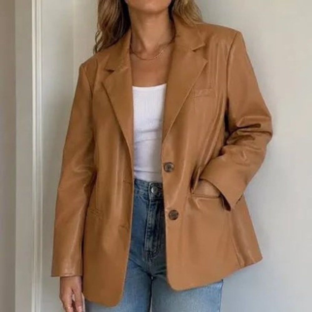 A New Day Womens Faux Leather Blazer Tan Camel Brown Vegan Jacket Small
